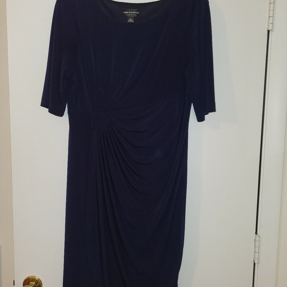 Connected Apparel Navy Blue Dress, Size 14. Faux front skirting.